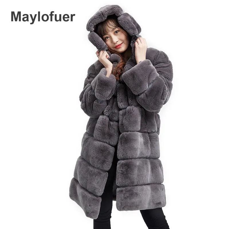 Femmes fourrure Faux Maylofuer haute qualité pleine peau vrai Rex manteau femmes pour l'hiver avec coton chaud manteaux véritable vestes à capuche