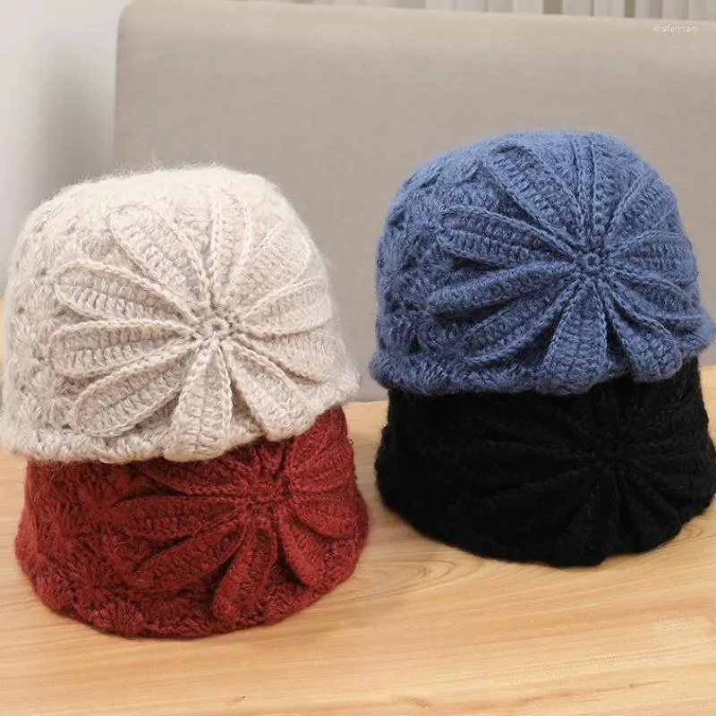 Berets Hand-crocheted Knitted Hat Women's Korean Version Autumn And Winter Baotou Hollow Beret Ladies Mohair Warm Woolen