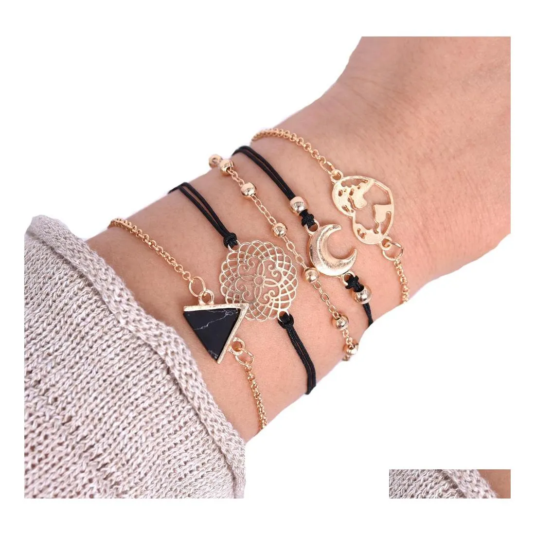 Charm Armband Fashion Jewelry Armband Set Triangle Black Stone Map Moon Beads Layed 5st/Set Drop Delivery Dhant