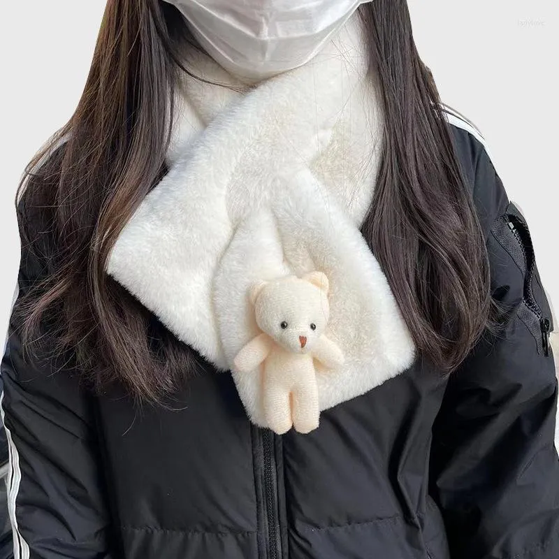 Halsdukar bär halsduk koreansk vinter förtjockad varm söt tecknad flicka mångsidig kors vit plysch hårimitation halsduk
