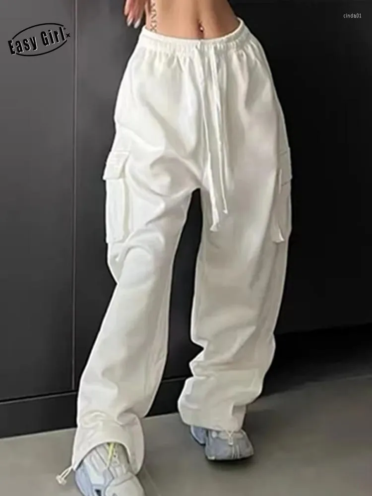 Kvinnors byxor kvinnor casual baggy wide ben dragstring lös multi ficka kvinnlig lastbyxa 2023 streetwear hög midja unisex byxor