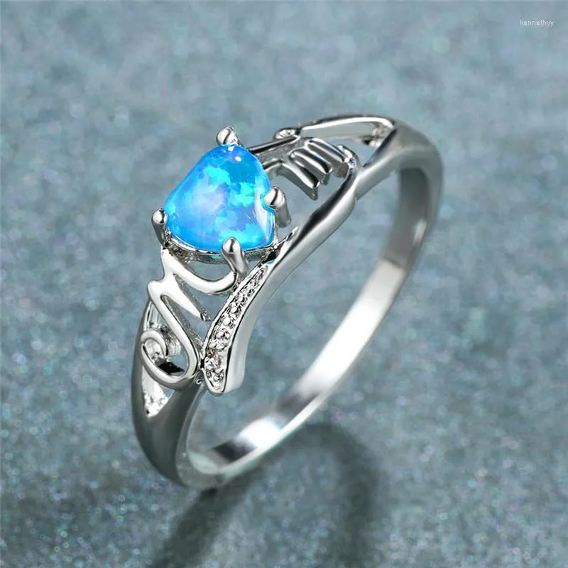 Wedding Rings White Blue Purple Opal Heart Stone Ring Female Classic Hollow Mom For Women Charm Silver Color Thin Mother's Day Gift