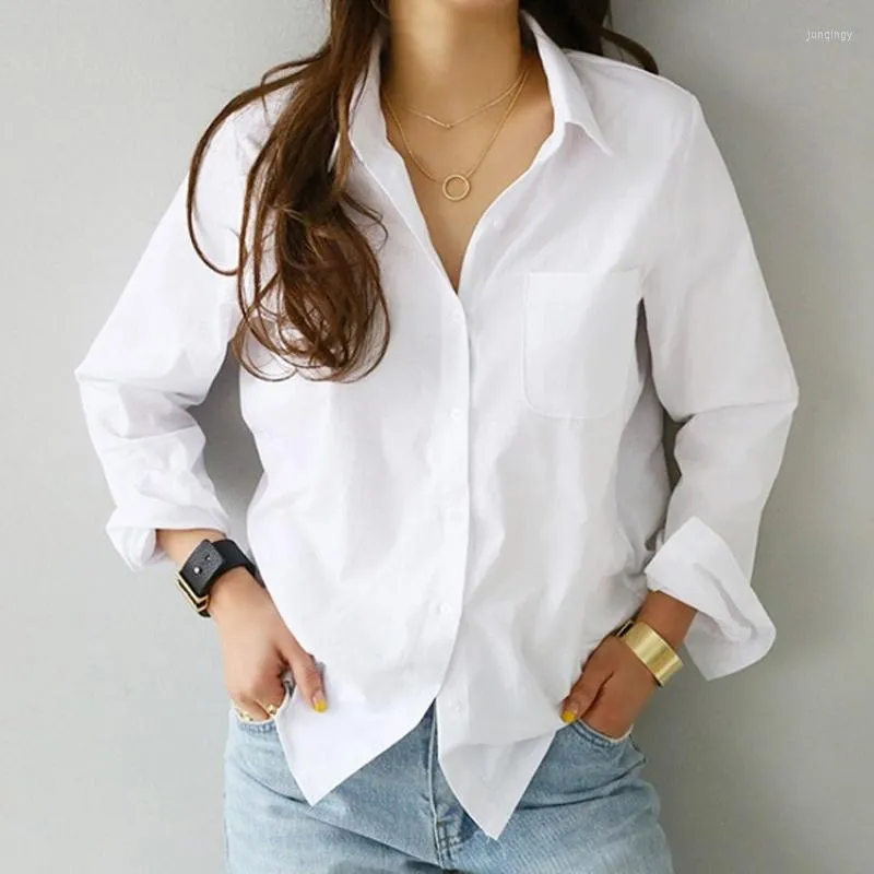 Blouses femininas Mulheres camisas brancas e blusa feminina de manga longa de luva longa colar de cor sólida gole do estilo de estilo solto