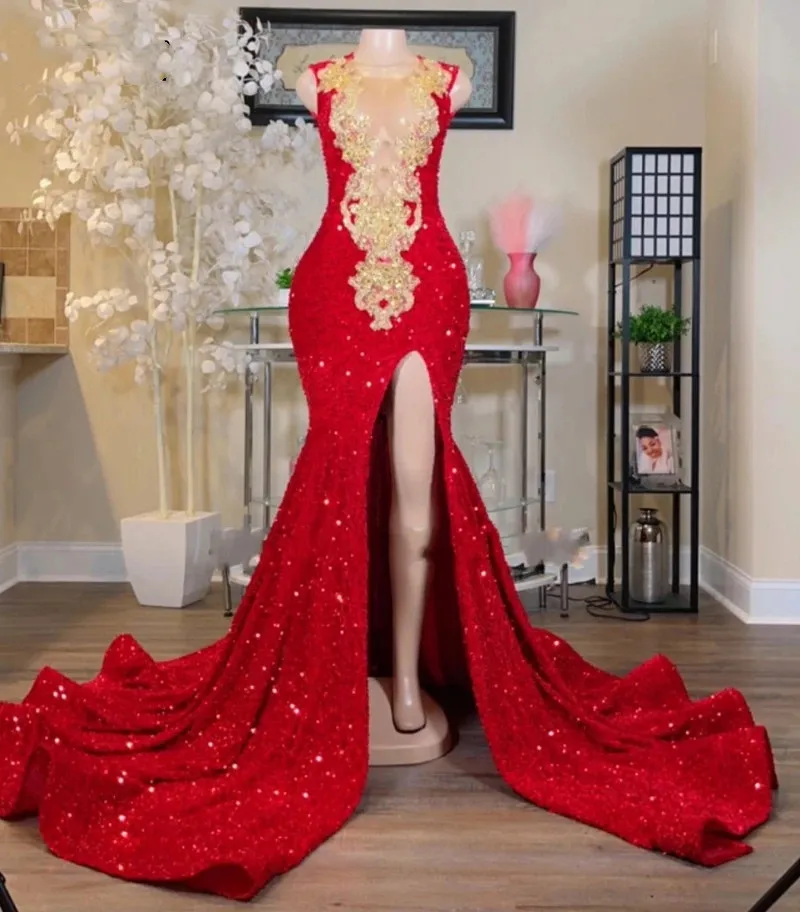 2023 Red Mermaid Red Sparkly Prom Dress With Beading Applique, Split
