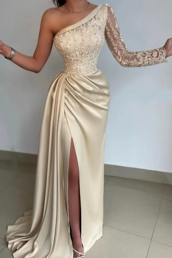 Elegant One Shoulder Satin Evening Dresses Long Sleeve Lace Applique Beaded Ruched Split Prom Formal Party Second Reception Gowns Dress 2023 BC14990