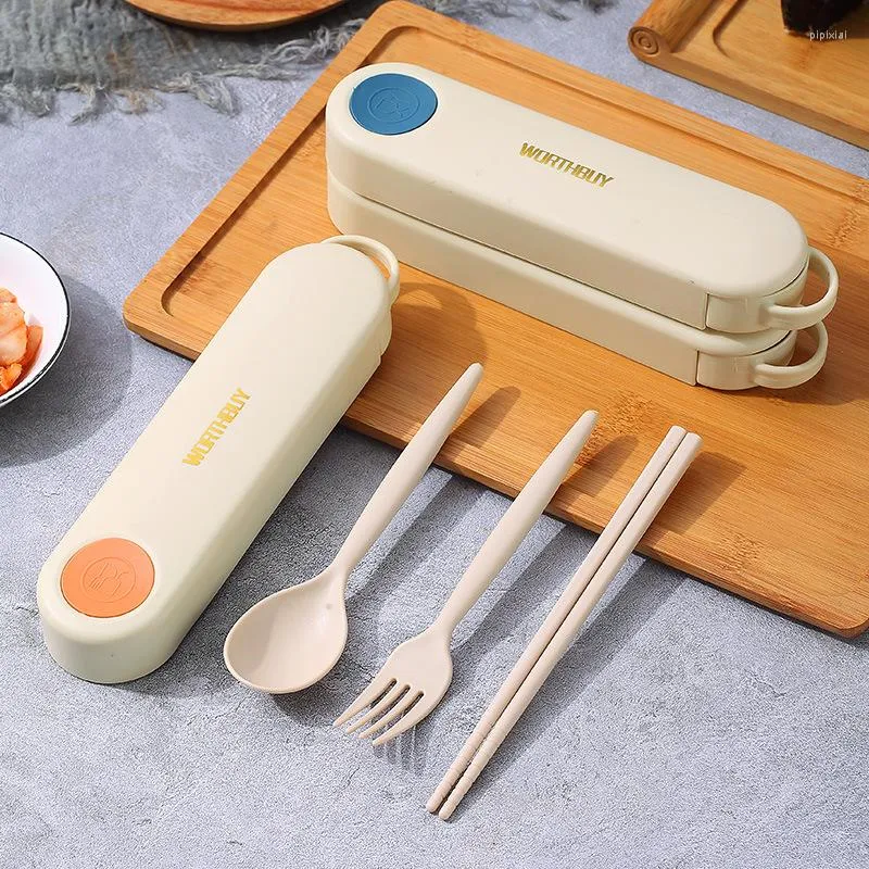 Dinnerware Sets Cute Set Bamboo Fiber Chopsticks Fork Spoon Cutlery With Box Travel Storage Tableware For Kids Portable