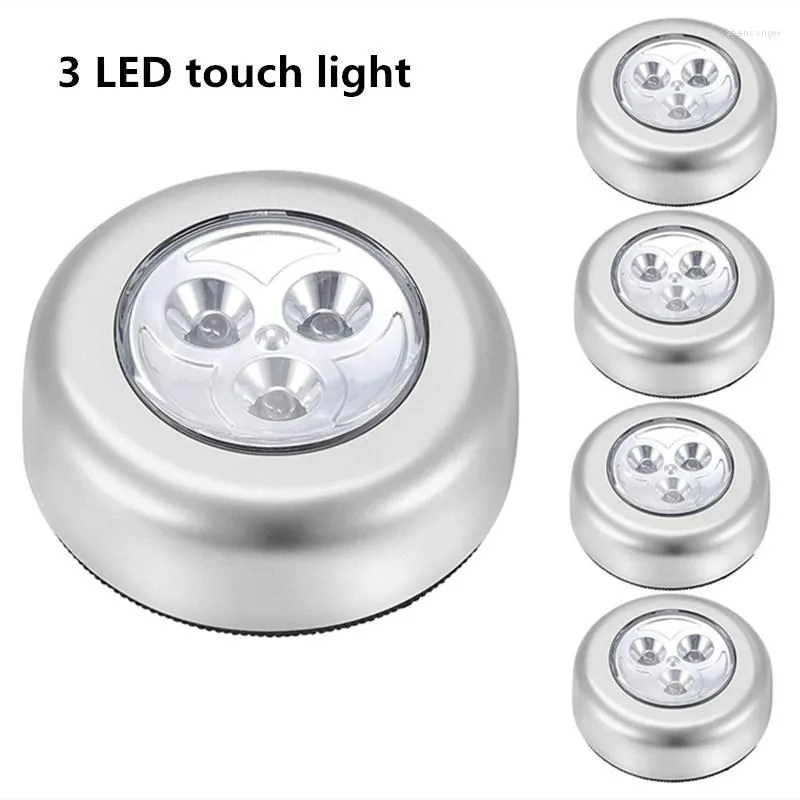 Night Lights 3 LED Silver Closet Cabinet Lamp Battery Powered Wireless Stick Tap Touch Push Security Kitchen Bedroom Light 1PC