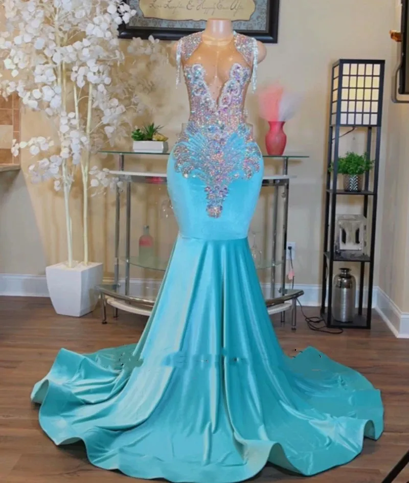 Sexy Plus Size Mermaid Prom Party Dresses Blue Veet Sparkly Sequins Beades Formal Birthday Evening Ocn Gowns