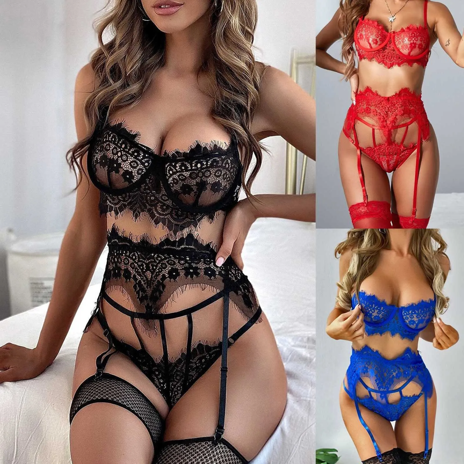 Sexy set mode erotische lingerie babydoll vrouwen kanten ondergoed vest top g-string bra panty kousenband perspectief porno slaapkleding 4xl y2302