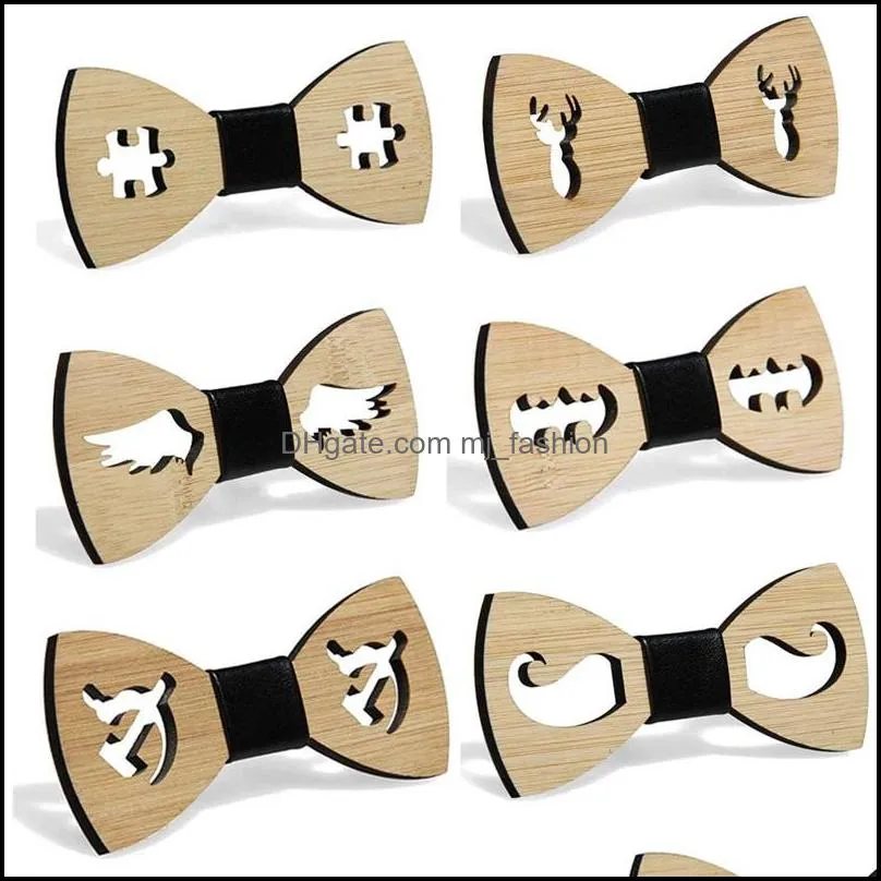 neck ties men boys hollow bat deer wings handmade bamboo wooden bow tie faux leather knot center adjustable business wedding party 3644