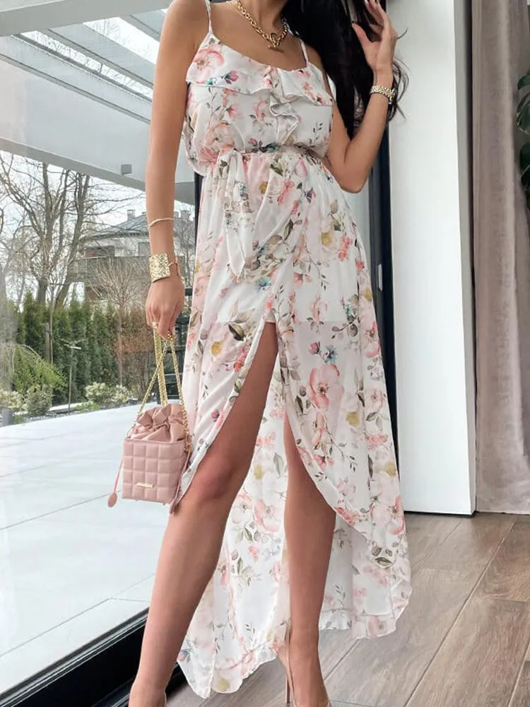 Work Dresses Elegant Floral Print Chiffon Party Dress Summer Casual Ruffle Sling Slit Women Backless Lace-up Irregular Beach Long DressWork