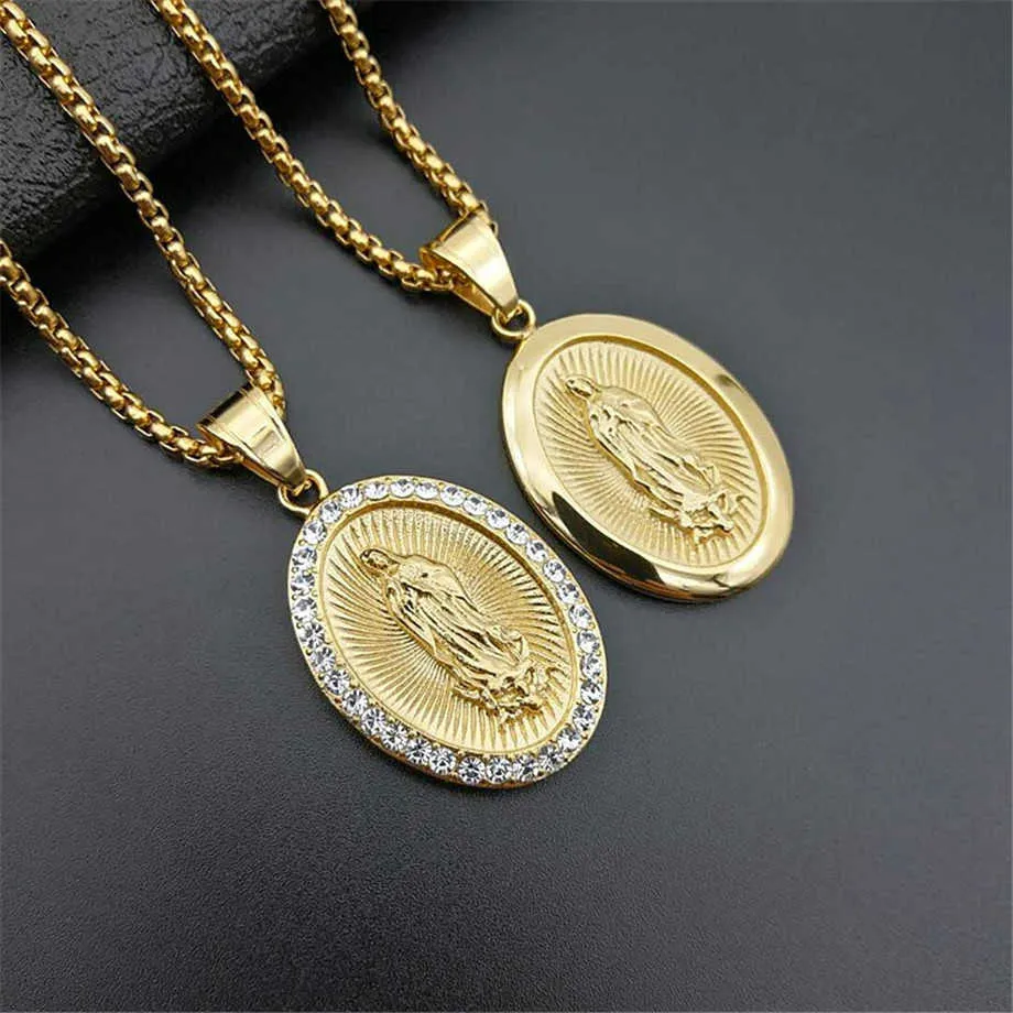 Подвесные ожерелья Virgin Mary Подвесное ожерелье для женщин Girls Gold Color Ored Lady Christian Jewelry Madonna Iced Out из нержавеющей стали G230206