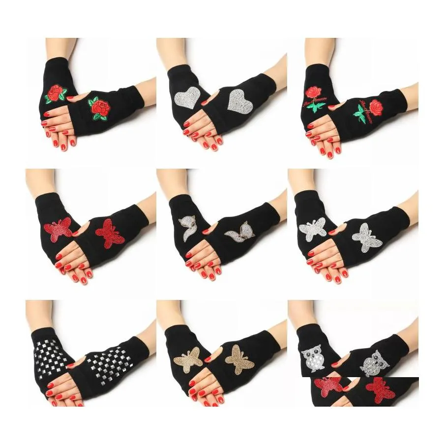 Fingerless Handskar Lovely Rose Printed Lady Rhinestone Women M￤n Sticked Black Wool Half Finger Computer Mittens Warm 20220223 Drop D DHJ6S