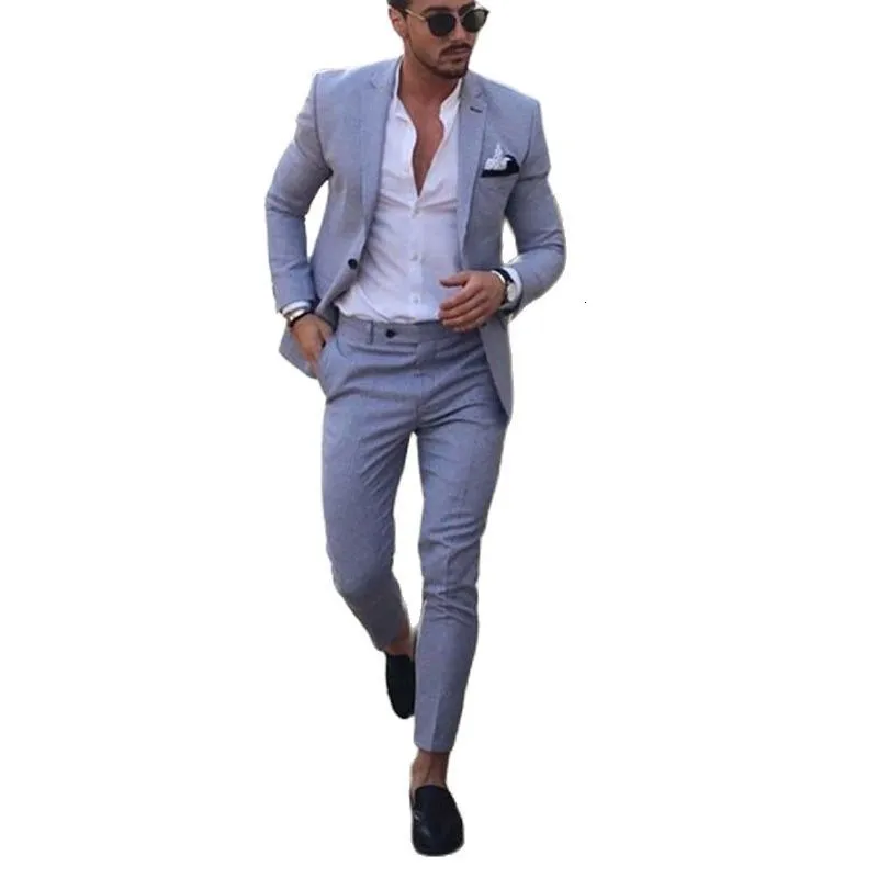 Abiti da uomo Blazer Grigio chiaro Smoking da uomo per matrimonio 2 pezzi Completo da lavoro Blazer ed Risvolto Costume Homme Terno Giacca da festa pantalone 230206