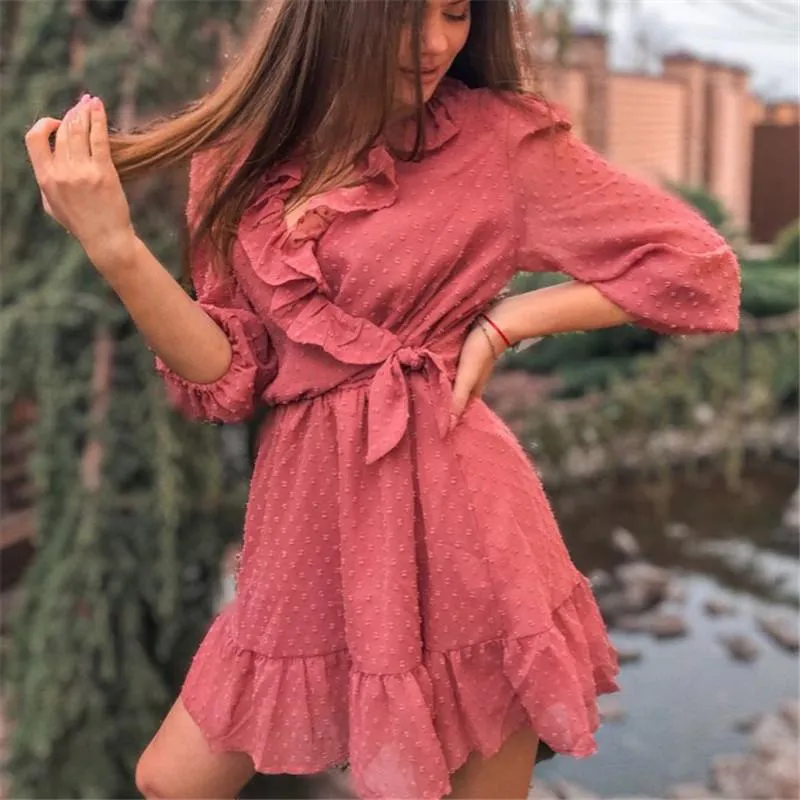 Casual Dresses Women Sexig solid ruffles Chiffon Dress Boho Mini Beach Three Quarter Sleeve Ladies Party Vestido