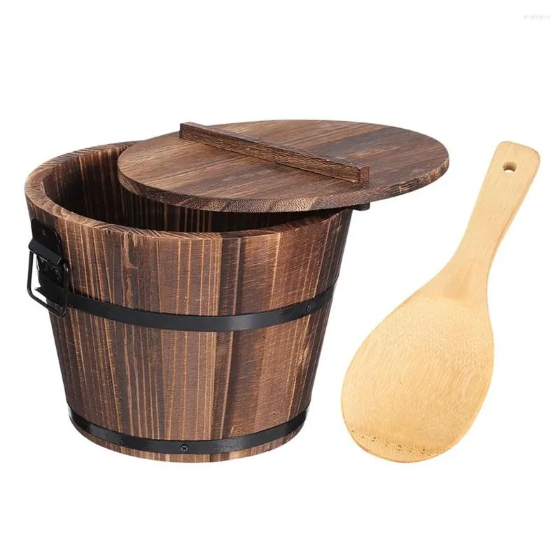 Dinnerware Sets Wooden Rice Bucket Korean Bibimbap Japanese Cuisine Sushi Storage Container With Lid Spoon