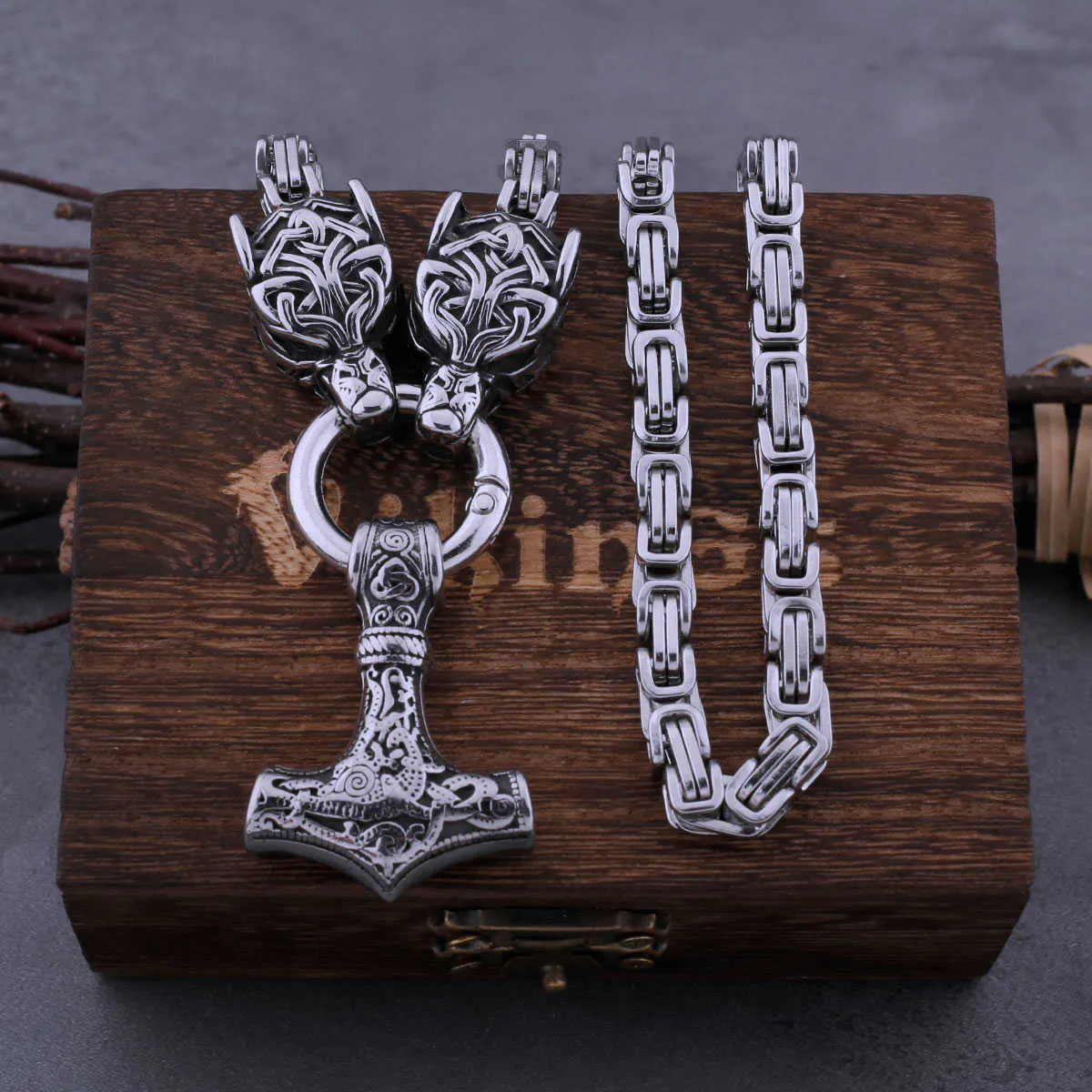 Hangende kettingen Viking roestvrijstalen wolvenhoofd Thor's Hammer Set ketting punk heren Noordse mode sieraden cadeau ketting G230206