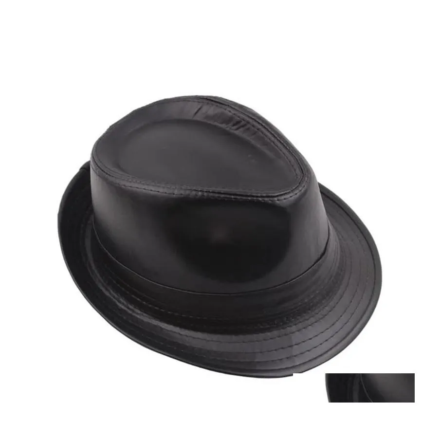 Chapeaux à large bord noir ajusté Jazz Hip Pop Gorras Cap couleur unie en cuir Mans Hat Fedoras pour hommes femmes Gentman 20220224 T2 Drop Deli Dhqsi