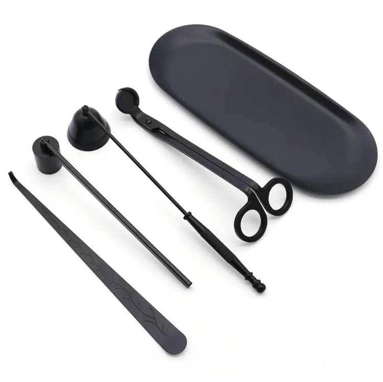 شمعة من الفولاذ المقاوم للصدأ شمعة الفتيل مصباح الزيت مصباح القطع مقص Tijera Tesoura Cutter أداة Snuffer Tool Clipper in Black Dipper Tray Accessory Set SN4290