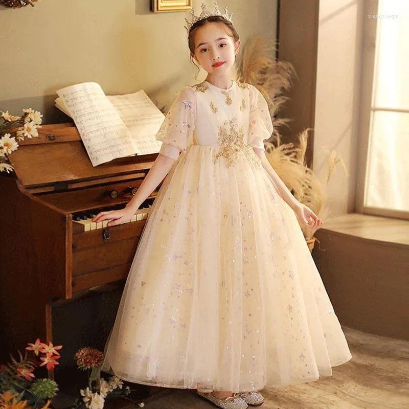 Girl Dresses Champagne Elegant O-Neck Half Sleeves Sequins Floor-Length Tulle Kids Party Communion For Weddings A2025