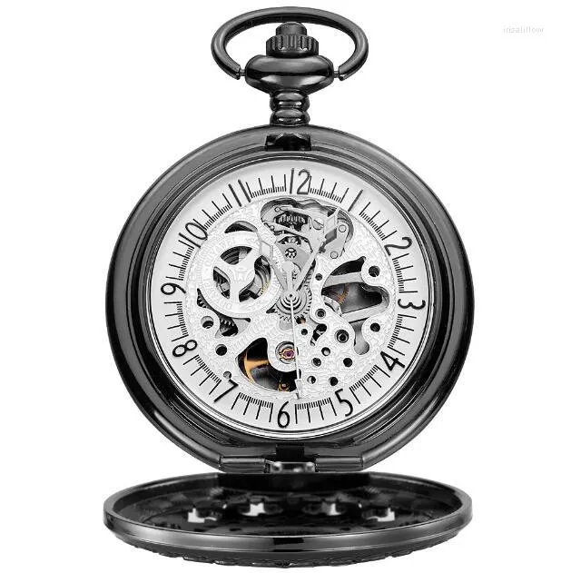 Pocket Watches 10st/Lot Vintage Black Mechanical Watch with Chain Retro Skeleton Men White Dial Steampunk Clock Necklace