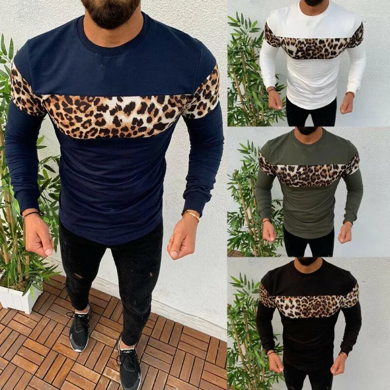 Men's Hoodies Fashion Leopard Print Crew Neck Sweatshirt Pullover Slim Fit Men Tops Autumn
