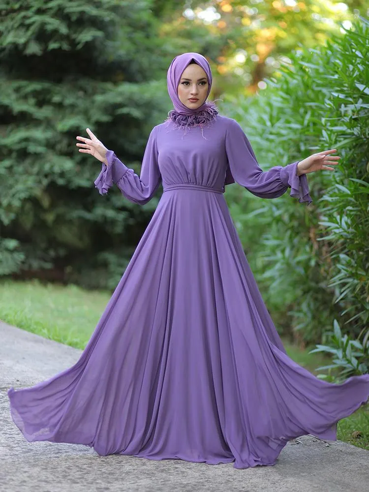 Abbigliamento etnico Abito da sera Hijab Tessuto in chiffon foderato con maniche e colletto Cintura dettagliata Musulmano islamico arabo Made in Turkey