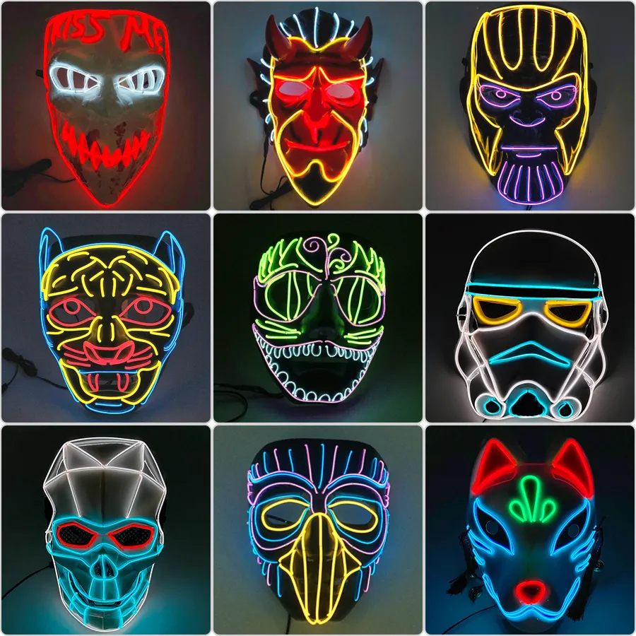 Máscaras de festa, personagens de cartoon de cosplay brilhantes, monstros assustadores de animais ferozes luminosos LED neon para o Halloween Carnival 230206