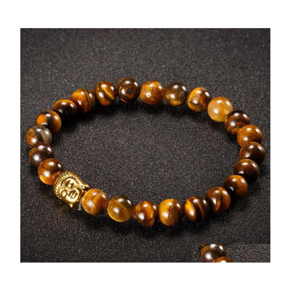 Beaded Strands 8mm Natural Stone Bead Buddha Armband f￶r kvinnor och m￤n Guld Sier Tiger Eye Pseras Mujer Promotion Drop Delivery Je Dhztx