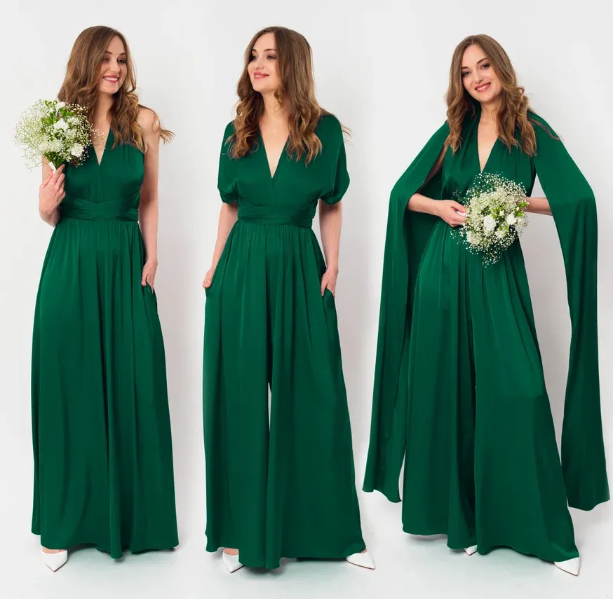 Emerald Green Bridesmaid Dress Silk Satin Infinity Jumpsuits With Pockets Garden Wedding Party Gästklänningar V-ringning Prom Special Tillfälle Wear