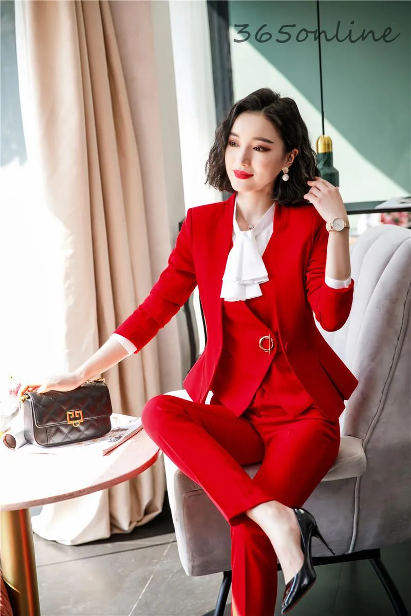 Women's Suits & Blazers Autumn Winter Uniformm Styles Formal Women Business Professional Ladies Office Work Wear Pantsuits Elegant Red