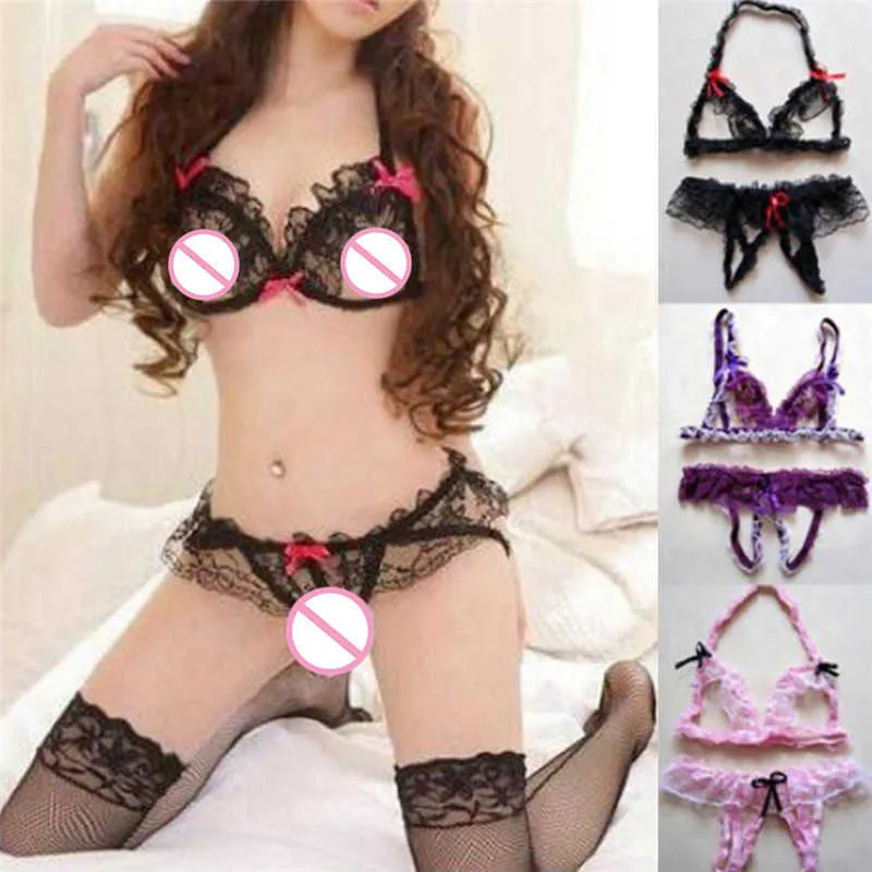 Ensemble Sexy en dentelle pour femmes, entrejambe ouvert, string, Bikini, Lingerie, sous-vêtements, soutien-gorge érotique, Y2302