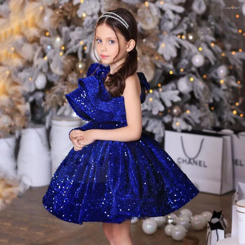 Abiti da ragazza Sparkling Kids Party Una spalla Ruffles Mini Tutu Pageant Gowns Glitter Paillettes Puff Birthday Flower Dress