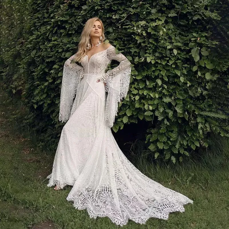 Boho Lace a line wedding gown with Flare Sleeves, V-neckline, and Long Train - Perfect for Beach Fairy Bridal Gowns and Bride Vestido de Novia 2023 Boho Lace a line wedding gown with Flare Sleeves, V-neckline, and Long Train - Perfect for Beach Fairy Bridal Gowns and Bride Vestido de Novia 2023