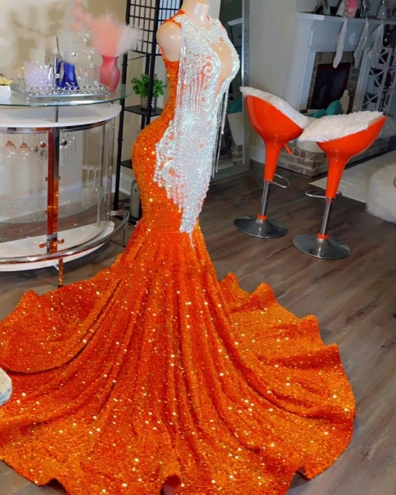 open lace back dress High Neck Mermaid Orange Prom Dress with Long Sleeves Sequins Lace