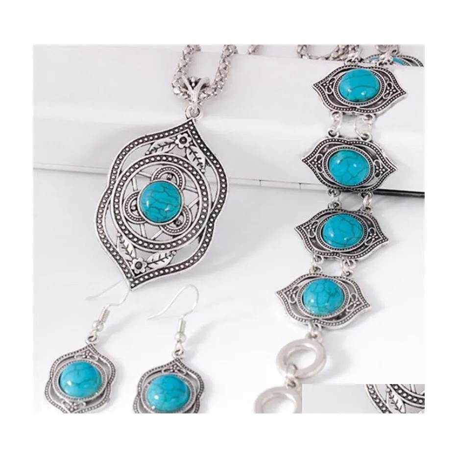 Bracelet Earrings Necklace Vintage Bohemian Jewelry Set Collares Exaggerated Exquisite Ethnic Chokers Necklaces Bracelets Turquoi Dhfr1