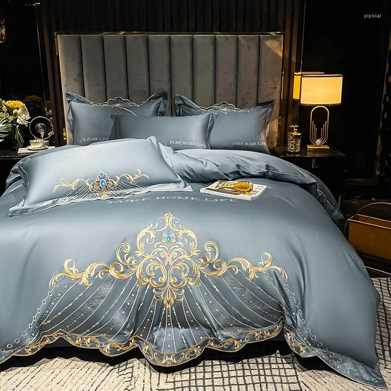 Set di biancheria da letto Tinta unita Luxury European Royal Gold Ricamo 600TC Copripiumino in cotone egiziano Copriletto Federe per lenzuola piatte #/