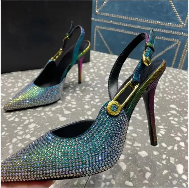 New Slingback Sandals Evening Shoes genuine suede Inlay drill110mm pumps Women Heeled Dress Shoe fashion pointed toes Stiletto Heels Luxury Designers shoes2023