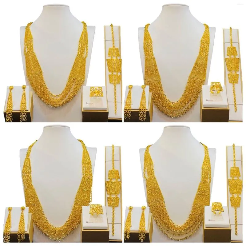 Necklace Earrings Set Bridal Jewelry Dubai Rings For Women Wedding 24k Gold Plated African
