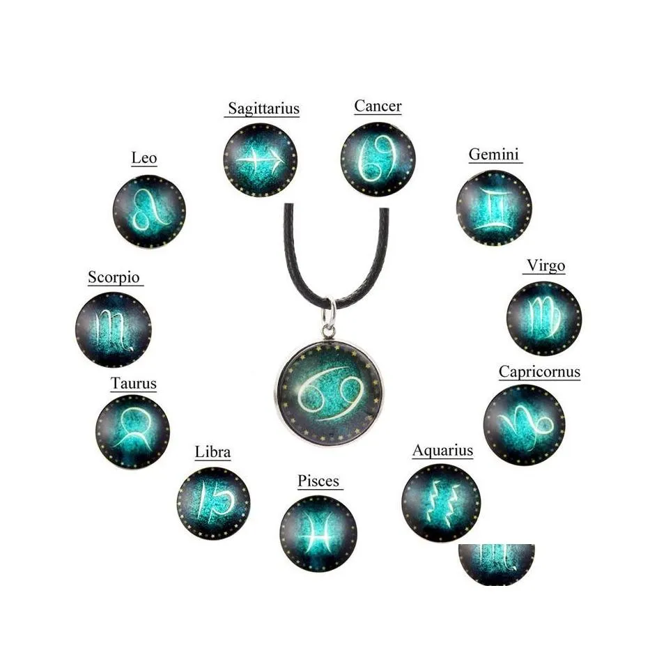 H￤nge halsband glas galax 12 konstellation design stj￤rntecken horoskop astrologi lysande charm rostfritt st￥l l￤der rep n dhp96