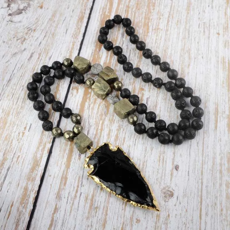 Pendant Necklaces Black Obsidian Women Necklace Raw Pyrites With Gilded Arrowhead Pendant Necklace Girls Beads Lariat Necklace Dropshipping G230206