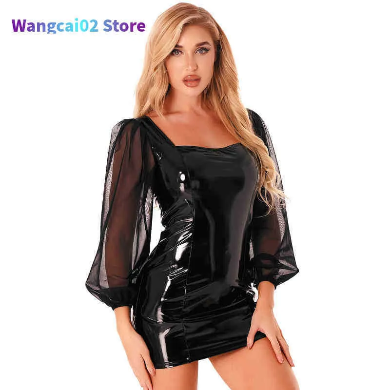 Robes décontractées Femmes Latex Clubwear Faux Cuir Moulante Mini Robe Manches Bouffantes Wet Look Rave Come for Pole Dancing Zipper Dos Mini Robe 020623H