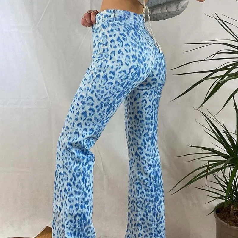 Kvinnors byxor kvinnor mode hög midja leopard tryckfickor raka byxor last capris