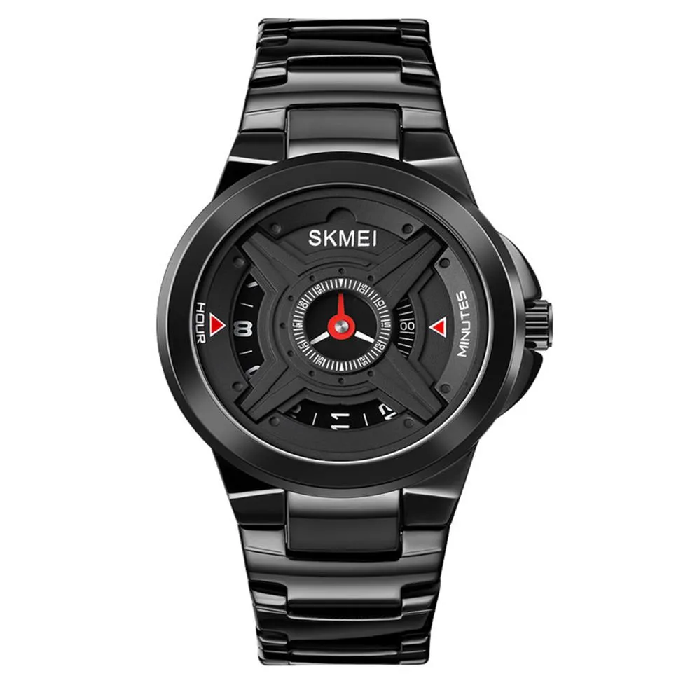 SKMEI mouvement japonais hommes montre-bracelet à Quartz cadran créatif horloge en acier inoxydable bracelet noir vie étanche montre pour hommes 1699286W