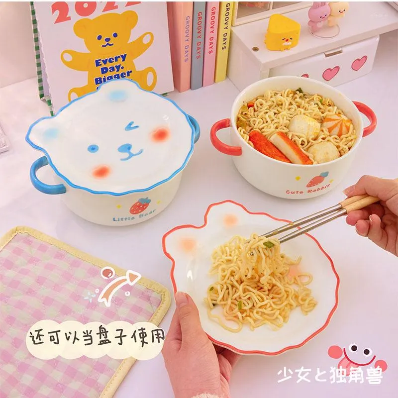 Bowls Ins Cute Instant Noodle Bowl Ceramic med lock Student Dormitory Sallad Högvärde Tablar Soppa Chopsticks Spoon