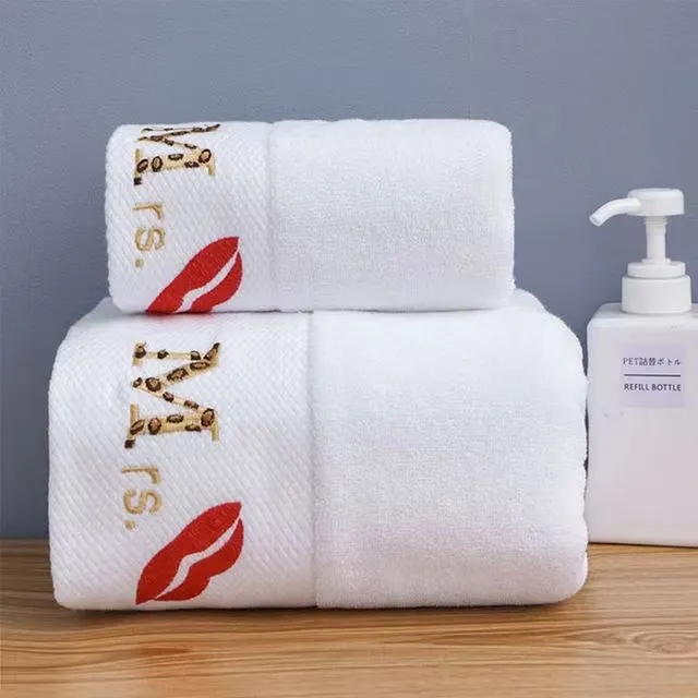 White Bath Towel Set Pure Cotton Embroidery Logo Mrs Mr Couple Bathroom Shower Home Take Hot Springs Sauna Spa Beauty Salon Gift Towel