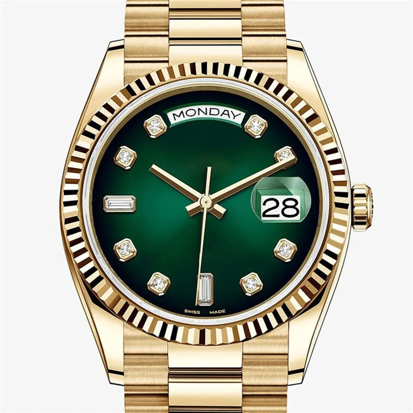 Original box certificate 18k Gold President Male Watches Day Date Diamonds Green dial Watch Men Stainless Diamond Bezel Automatic WristWatch 202366