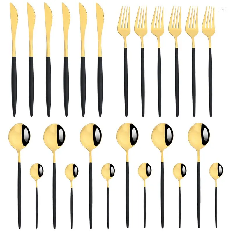 Servis uppsättningar 24st Cutlery Black Gold Set Spoon Fork Knife Vintage Dining rostfritt stål bordsartiklar