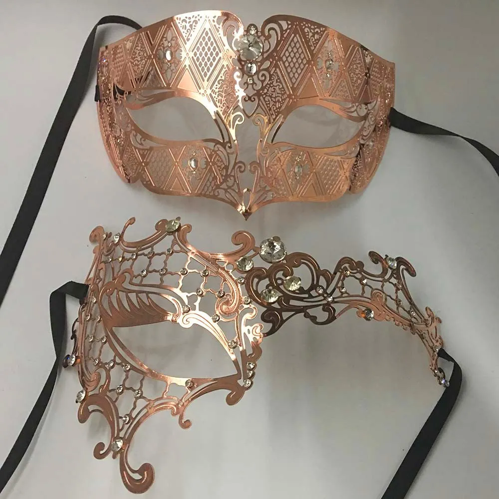 Party Masks Rose Gold Pair Par Lover Kvinnor Män Masquerad Metal Venetian Prom för Ball Xmas Wedding Mardi Gras 230206