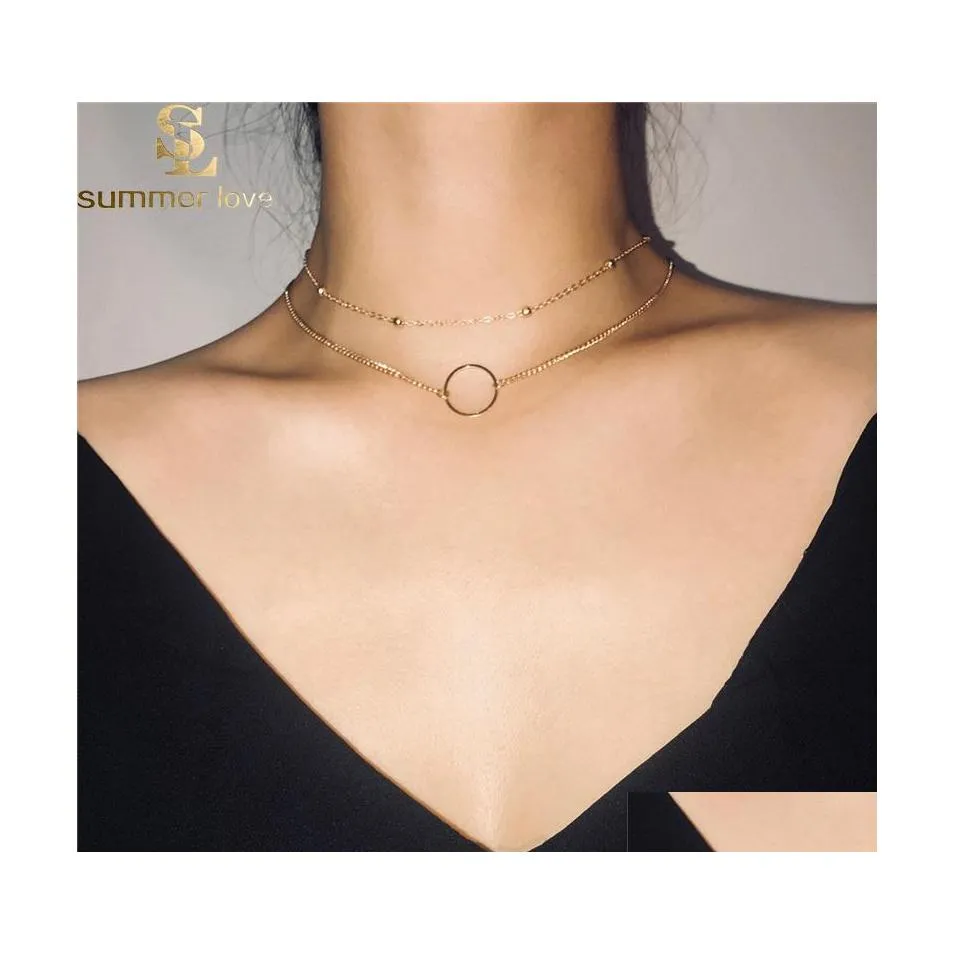 Pendentif Colliers 2pcs / Set Chaîne d'or Cercle Sautoirs pour femmes Simple Cuivre Perlé Collier court Bijoux de mode Drop Livraison Pend Dhgaq